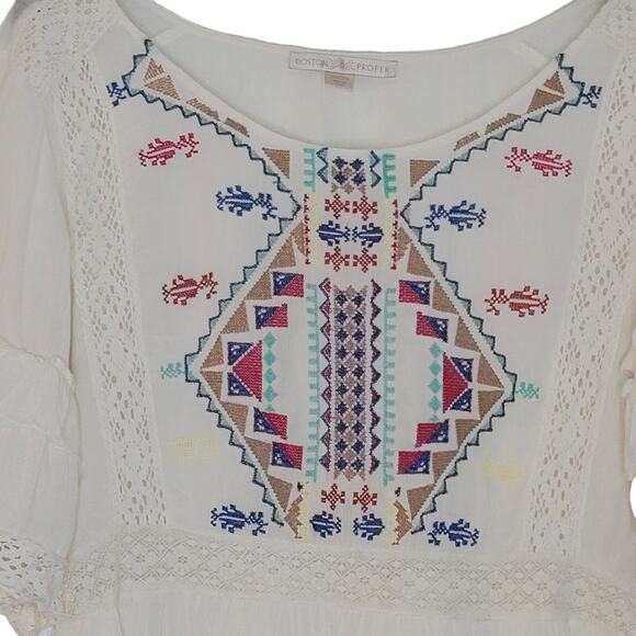 Boston Proper Top XS Cream Embroidered Ruffle Sleeve Peasant Boho Cottage - Picture 2 of 8